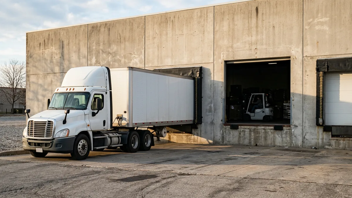 White day cab tractor with a dry van trailer at a warehouse loading dock