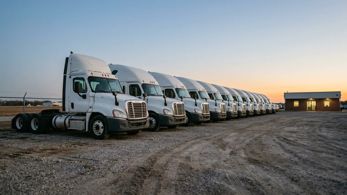 Used white semi tractors lined up on an open truck sales lot at dusk