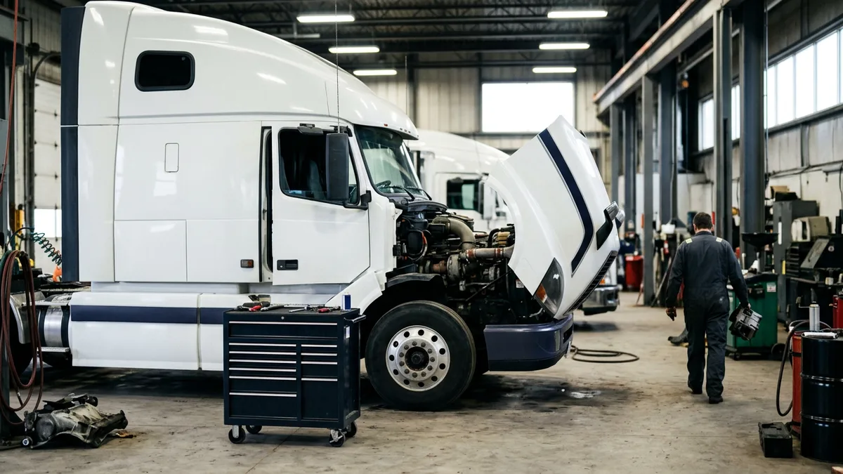 White sleeper tractor in a truck service bay with its hood tilted open