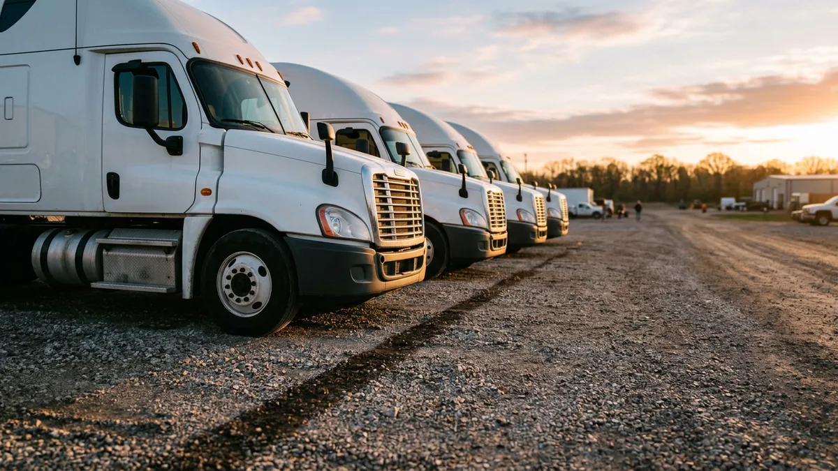 Row of white semi tractors parked on a gravel truck yard at sunrise
