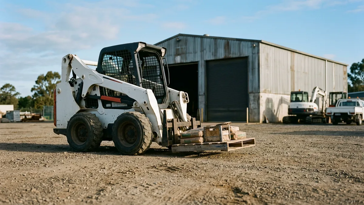 White skid steer loader with pallet forks on a gravel contractor yard in morning light