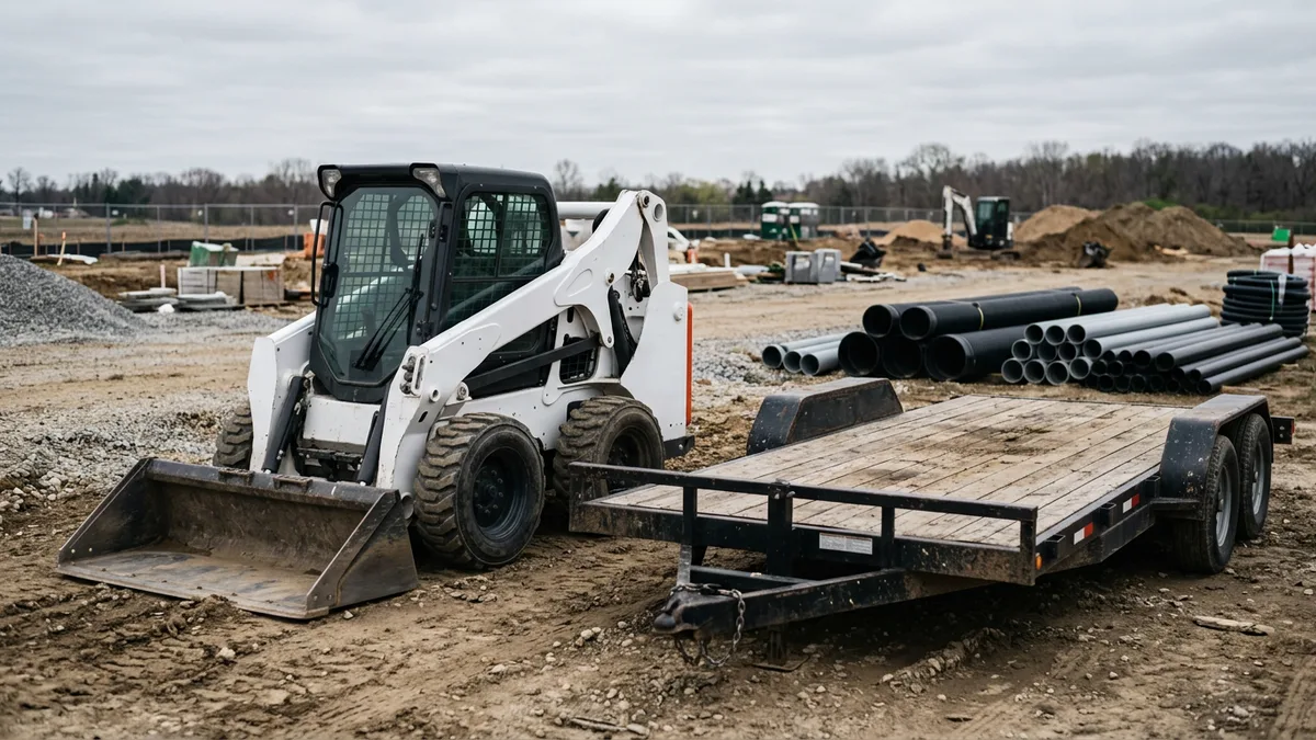 White skid steer loader parked beside a flatbed trailer at the edge of a small job site
