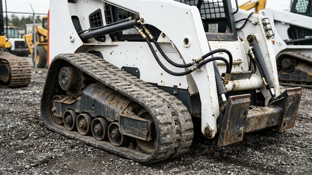 Close view of a white compact track loader's rubber tracks and loader arms in an equipment yard