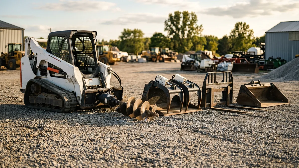 Auger, grapple and pallet forks lined up on gravel beside a white skid steer loader