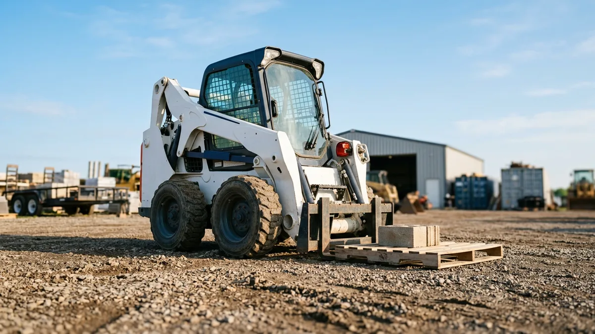 White skid steer loader with pallet forks on a gravel contractor yard