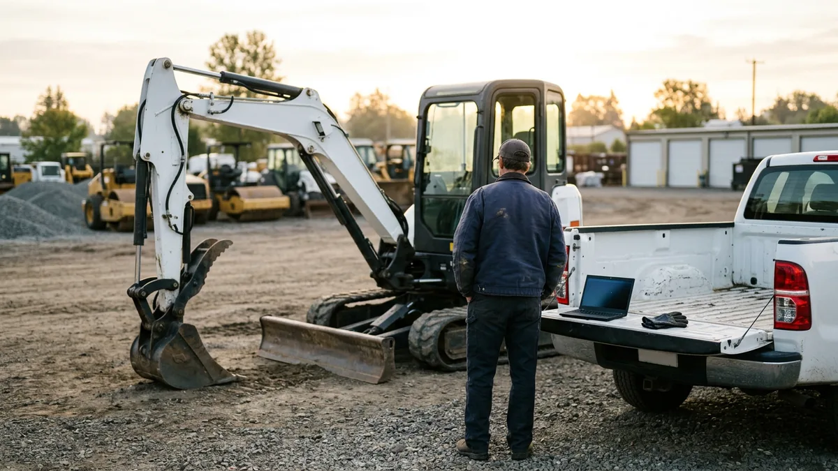 Business owner standing beside a white compact excavator at an equipment yard