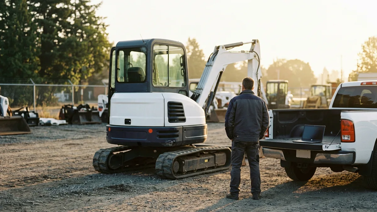 Business owner standing beside a white compact excavator at an equipment yard