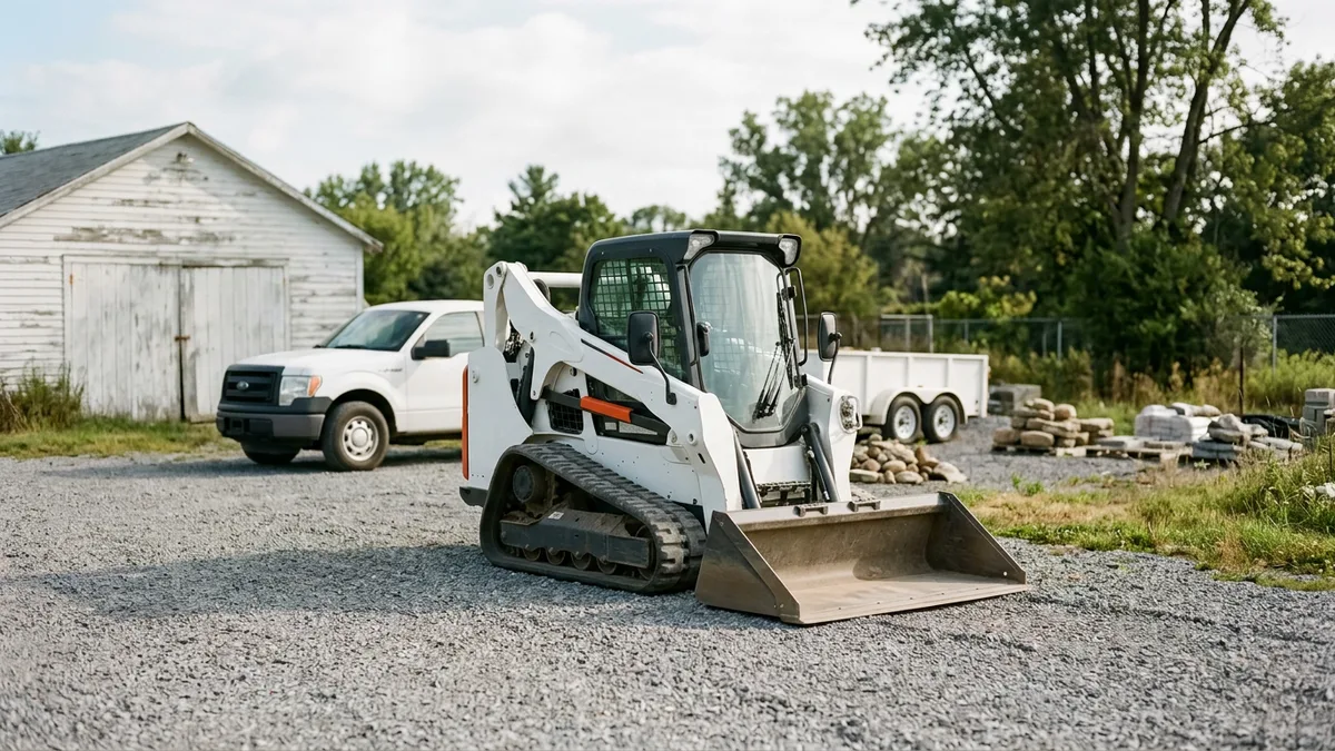 White compact track loader parked on gravel beside a pickup truck and trailer