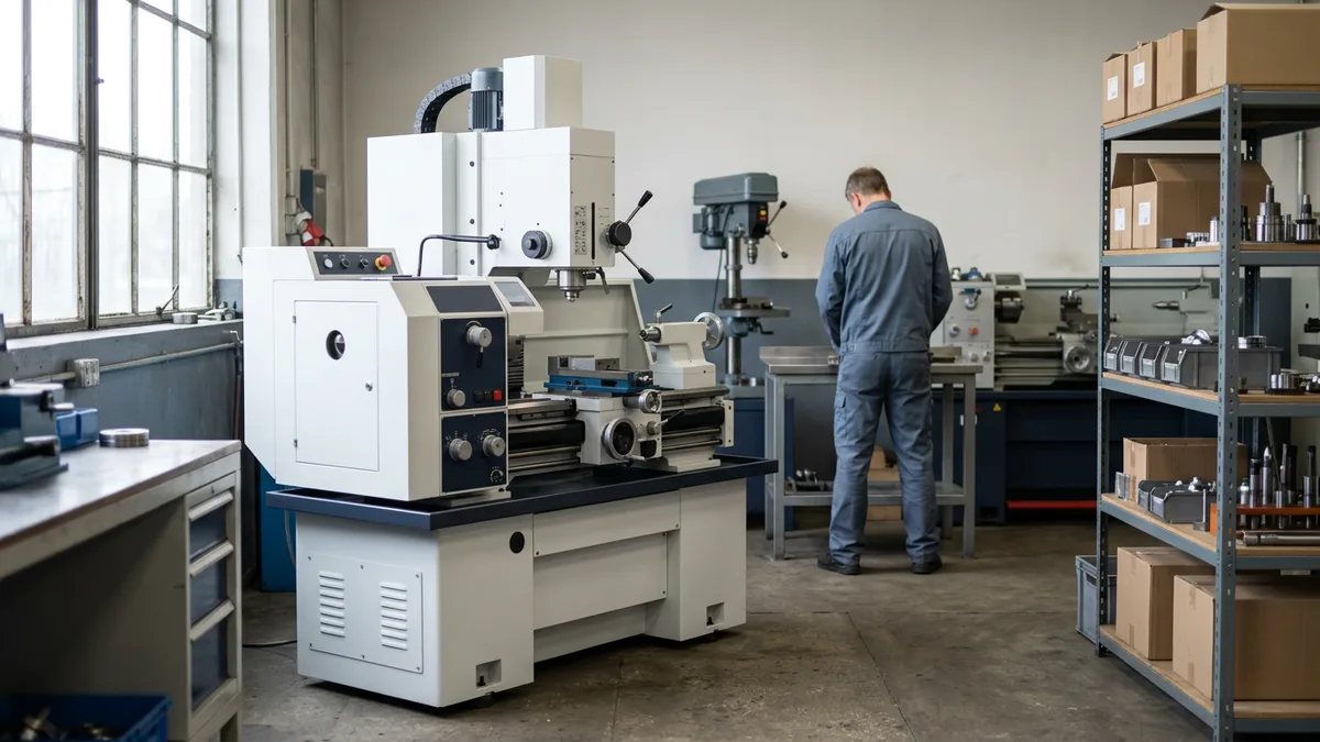 Newly installed milling machine in a small machine shop with a worker at the bench