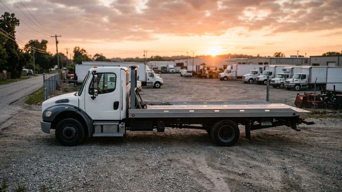 White rollback tow truck parked at a small tow yard in early morning light