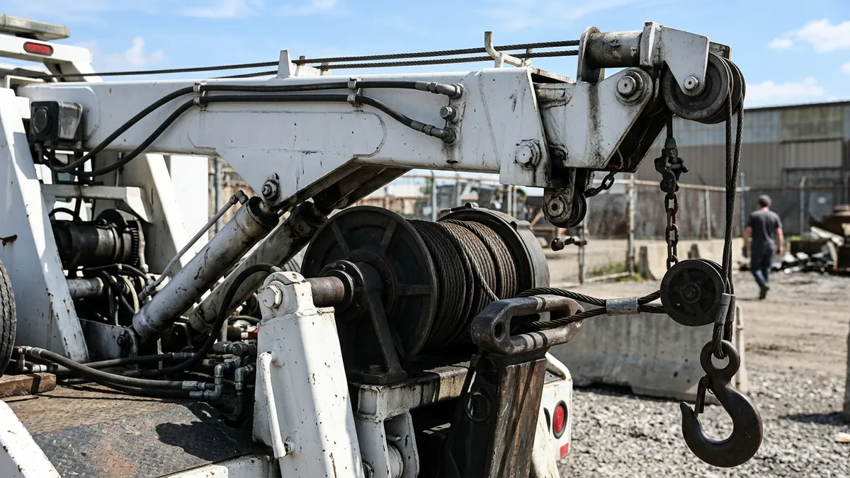 Close-up of a tow truck's hydraulic wheel-lift and control lever