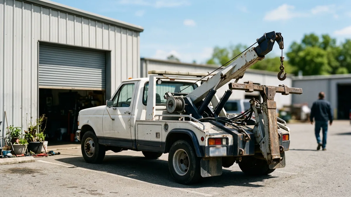 Used wrecker tow truck parked outside a small independent towing company's shop