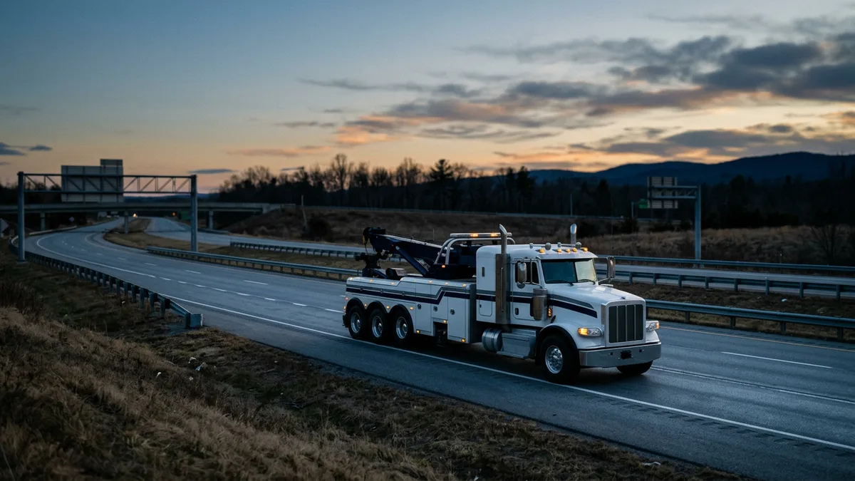 Heavy-duty rotator tow truck parked on a highway shoulder at dusk