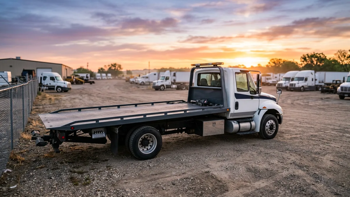 White rollback tow truck parked at a commercial truck yard at sunrise