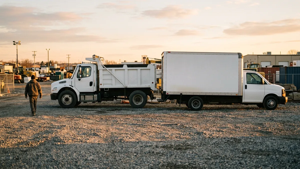 White dump truck and box truck parked on a gravel yard at sunrise