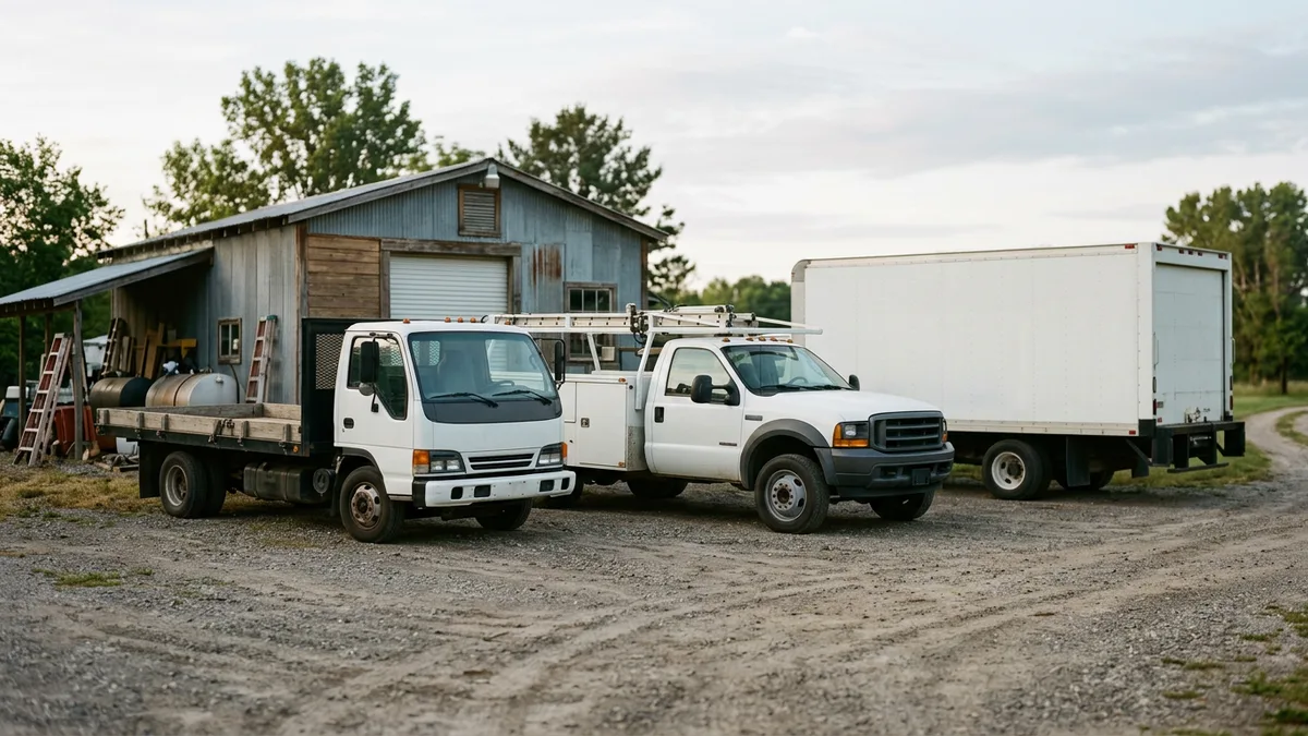 Flatbed, service-body and box trucks lined up outside a contractor's shop