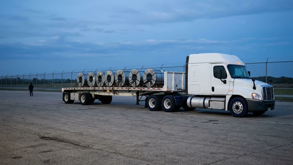 White semi tractor with a flatbed trailer carrying steel coils on an open truck yard