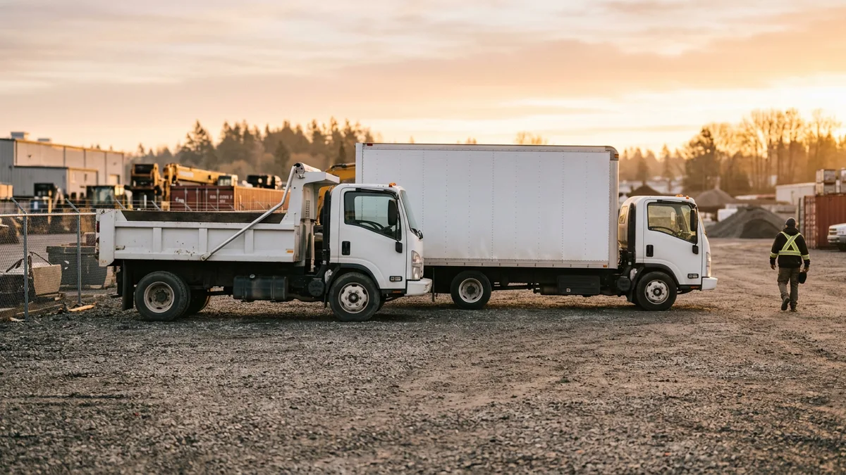 White dump truck and box truck parked on a gravel yard at sunrise