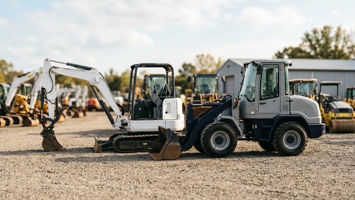 Row of pre-owned white excavator and wheel loader parked in a tidy equipment dealer yard