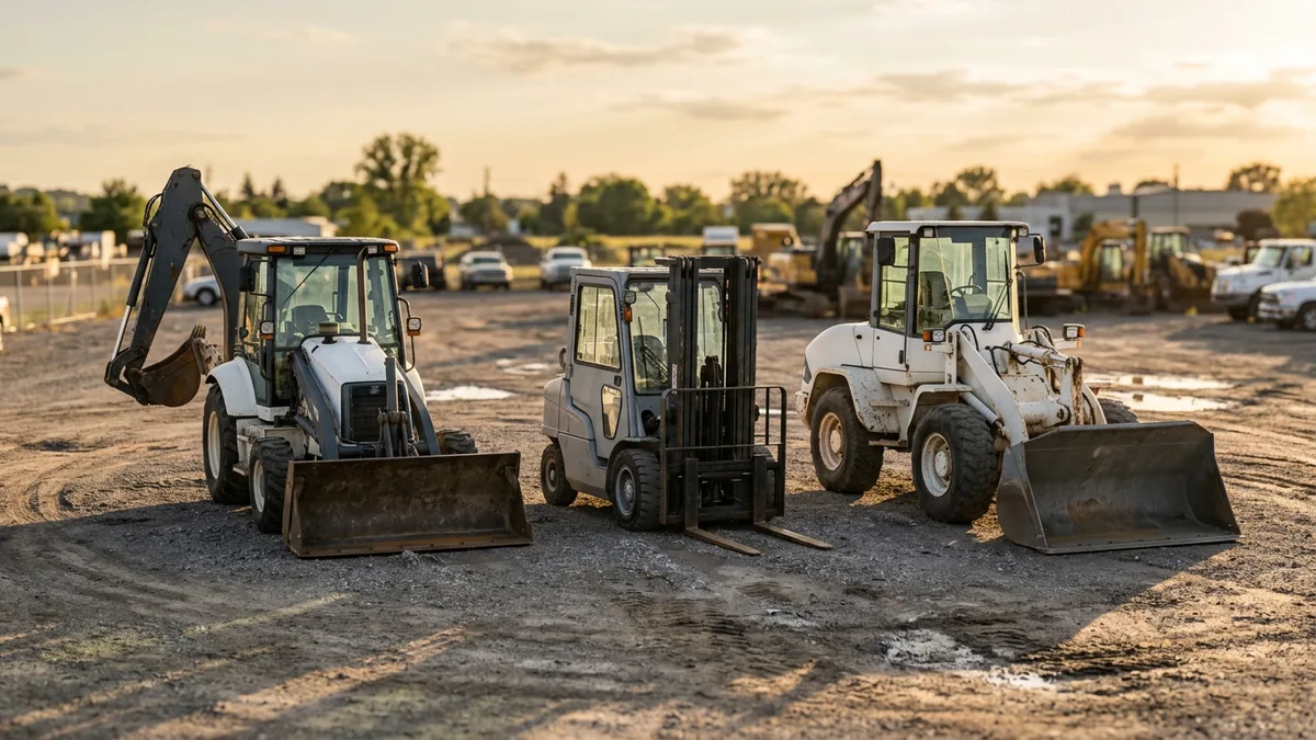 Backhoe loader, forklift and wheel loader lined up on gravel at a used equipment lot