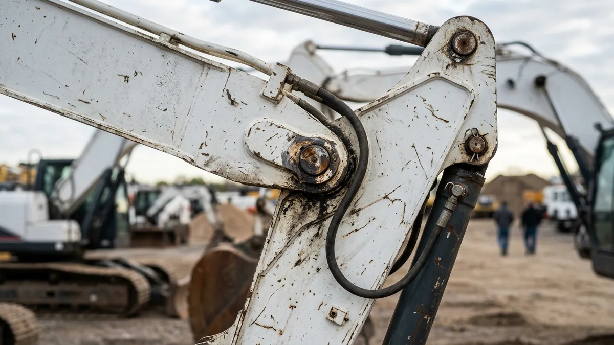 Close view of a white excavator's boom, hydraulic cylinder and pins in an equipment yard