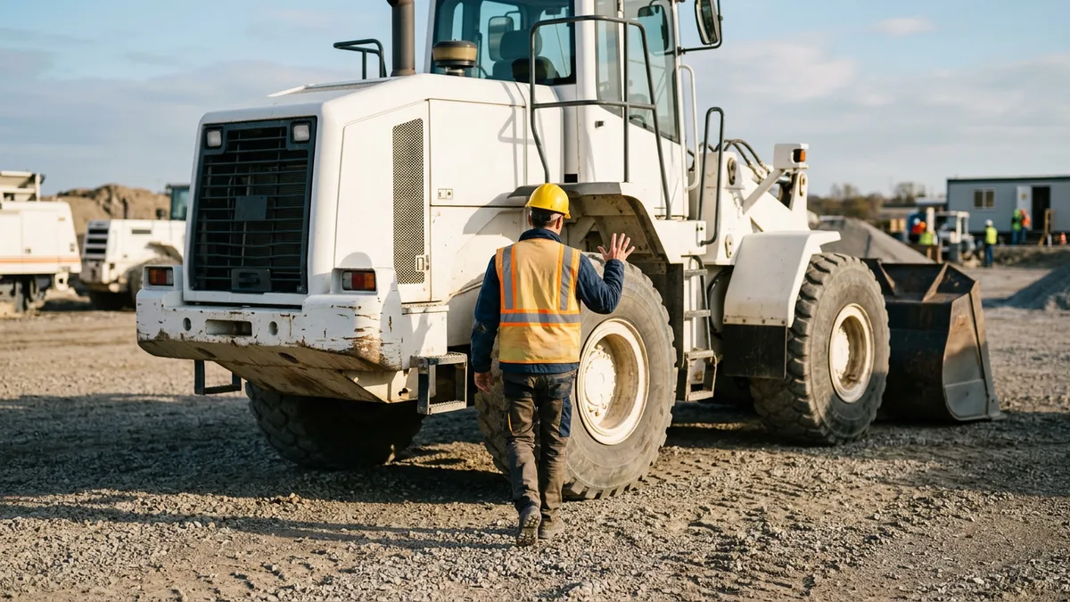 Person in a hard hat walking around a white wheel loader to look it over in a yard