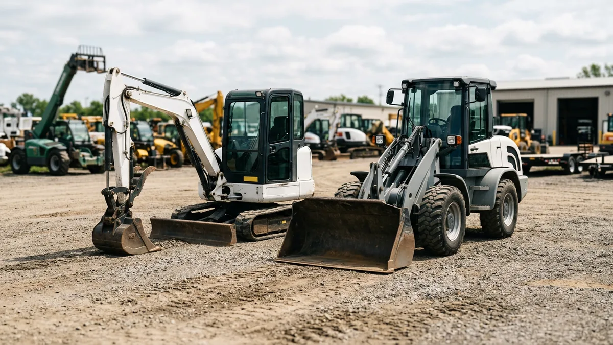 Pre-owned white excavator and wheel loader parked in an equipment dealer yard