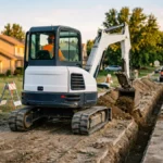 Compact excavator digging a utility trench beside a suburban road at sunrise