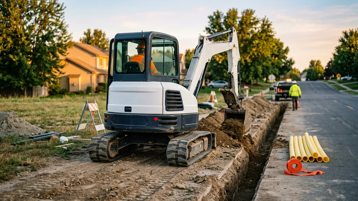 Compact excavator digging a utility trench beside a suburban road at sunrise