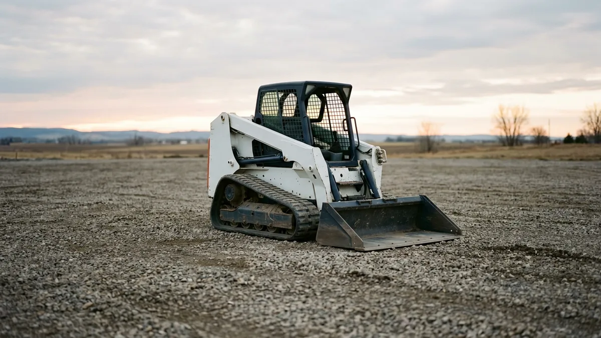 Single compact track loader parked alone on an open gravel lot at dawn
