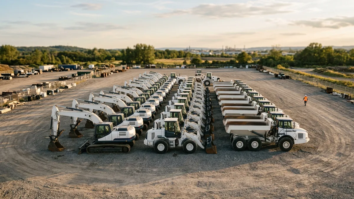 Equipment yard with rows of excavators, loaders and dump trucks parked together