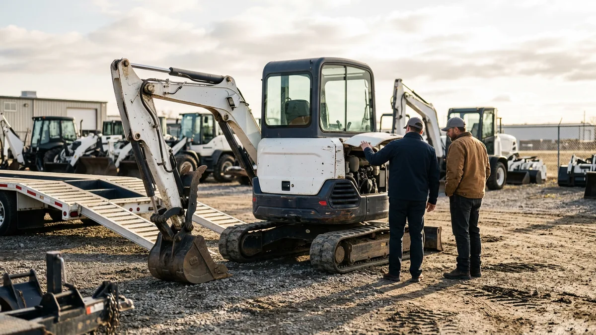Salesperson and contractor looking over a used mini excavator at an equipment dealer's lot